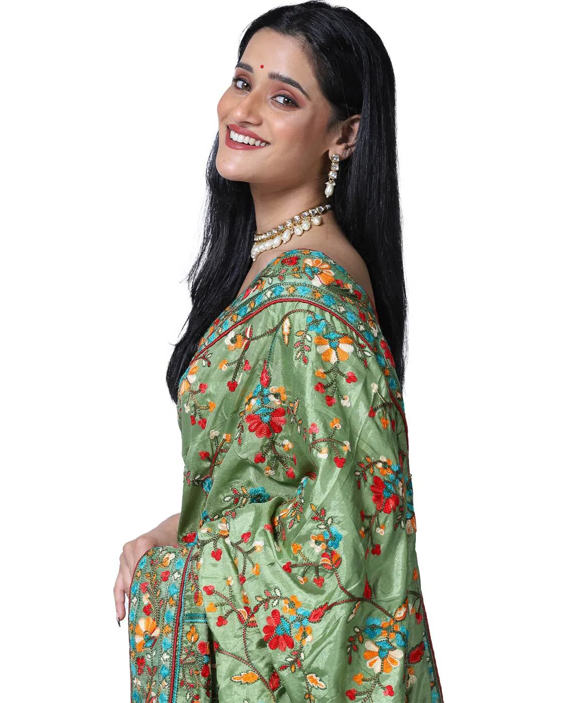 -1117Wx1400H-466617904-green-MODEL4 Embroidered Saree with Lace Border - Image 3