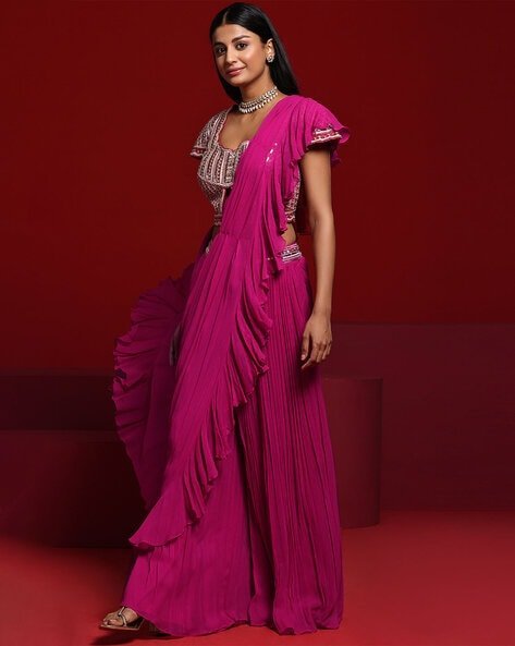 -473Wx593H-700885064-pink-MODEL2 Women Embellished Pre-stitched Saree - Image 2