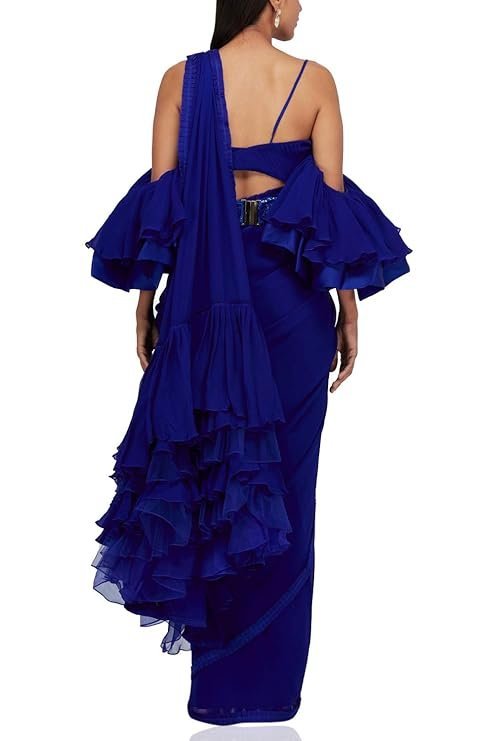 61-DxmhOTmL._SY741_ Saree Trends Women's Faux Georgette ready to wear Frill saree with unstitched blouse - Image 2