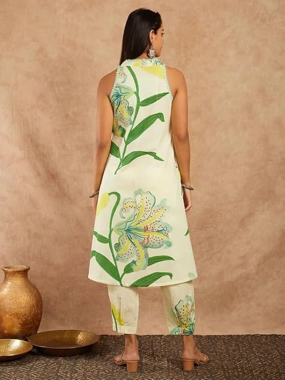 611TboS+PxL._SY741_ Women's Pure Cotton Sleeveless Regular Kurta with Pant (Green-Leaf-p) - Image 3