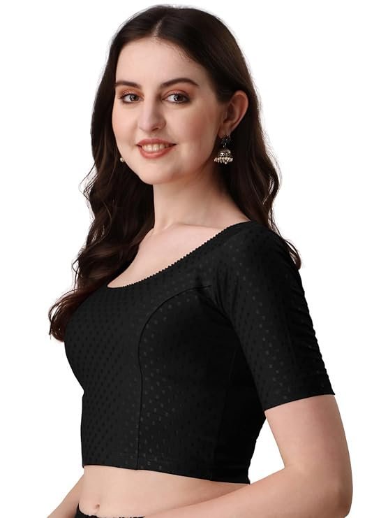 61AqDye-+-L._SY741_ Round Neck Dobby Cotton Lycra Stretchable Elbow Sleeve Readymade Saree Blouse for Women - Image 2