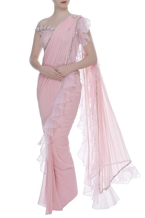 61H-LORpHkL._SY741_ Saree Trends Women's Faux Georgette ready to wear Frill saree with unstitched blouse - Image 1