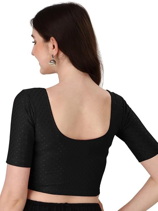 61YpRBvZXAL._SY741_ Round Neck Dobby Cotton Lycra Stretchable Elbow Sleeve Readymade Saree Blouse for Women - Image 3