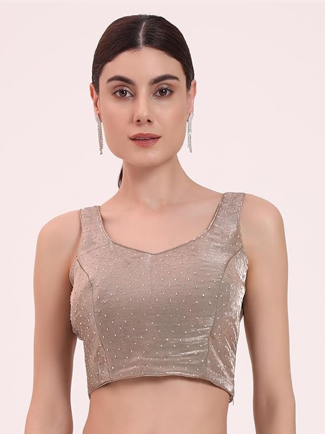 61imKbaZ6GL._SY879_ Women's Beige Organza Crushed Siroski Work Embellished Border Saree With Unstitched Blouse - Image 3