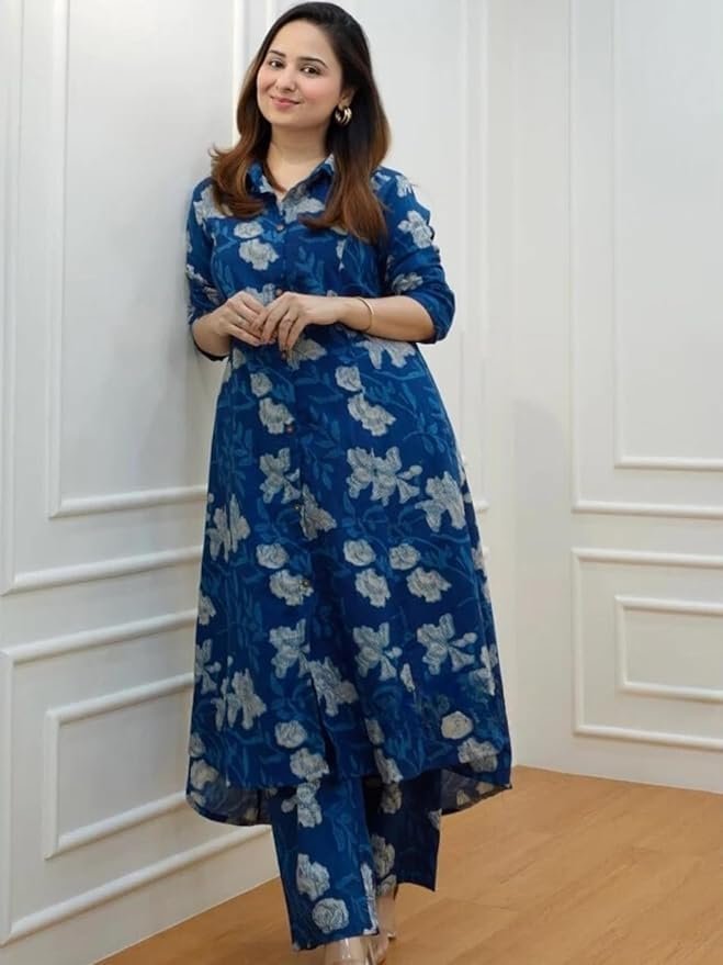 61xIgQ16daL._SY879_ Women's Cotton Blend Kurta Set | Kurta Set | Kurti Set For Women | Festive Kurta Set For Women | Regular Fit Kurta Set For Women - Image 2