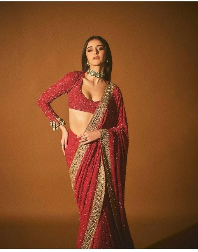 7174ht+kvgL._SX679_ Saree For Women Faux Georgette Fabric Saree With multi color embroidery sequins border with sequencing lining work in body - Image 2