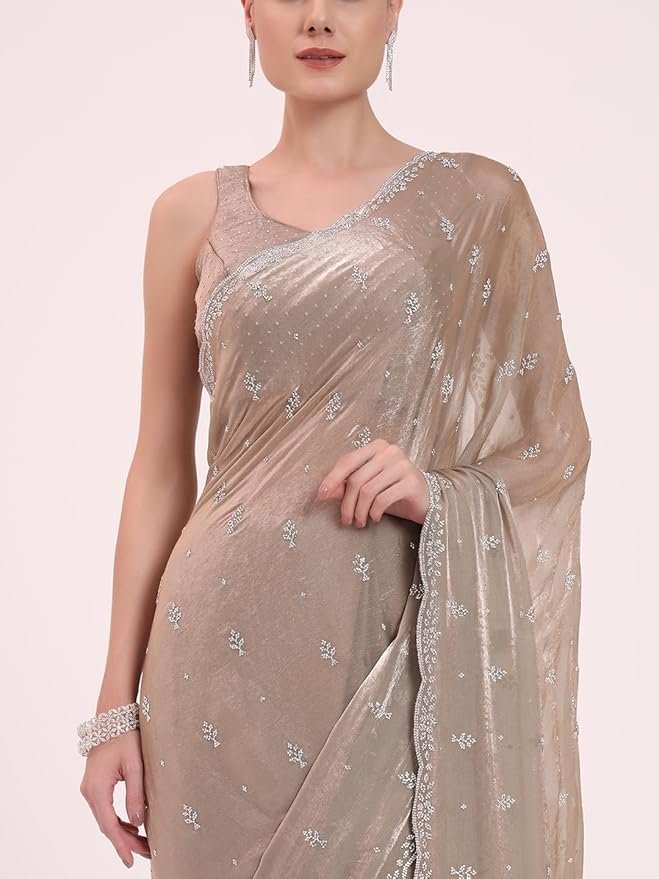 71C0D17cR5L._SY879_ Women's Beige Organza Crushed Siroski Work Embellished Border Saree With Unstitched Blouse - Image 4