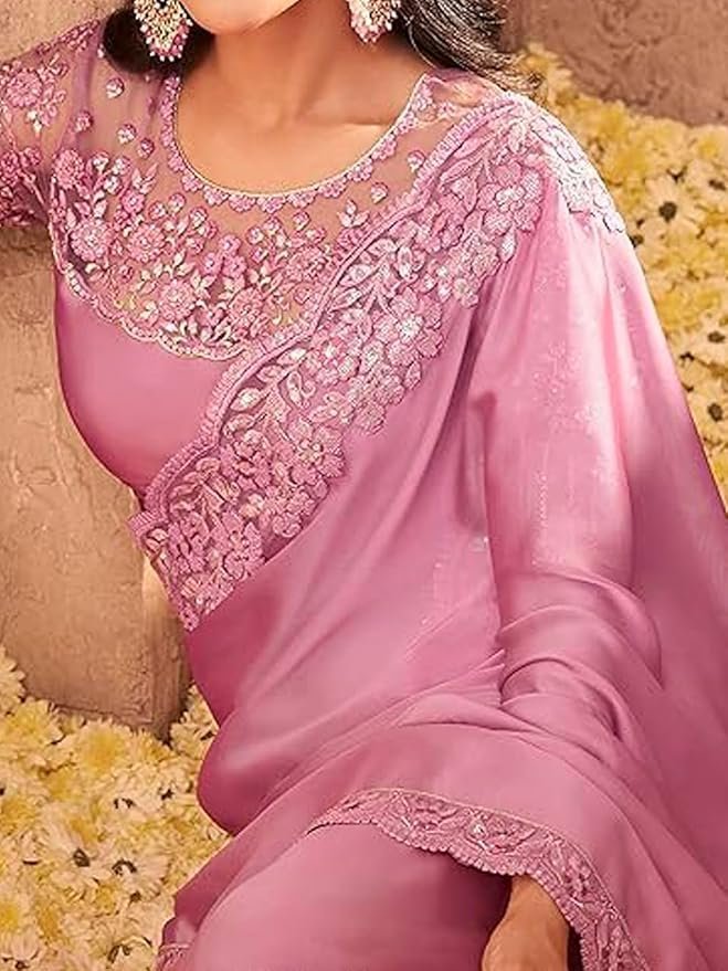 71SjeyzWhhL._SY879_ Women's And Girls Embroidery Lace & Sequence Embroidery Chiffon Saree With Unstitched Blouse Piece - Image 3