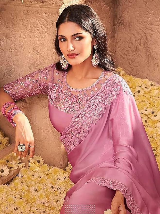 71XeoOJRL0L._SY879_ Women's And Girls Embroidery Lace & Sequence Embroidery Chiffon Saree With Unstitched Blouse Piece - Image 4