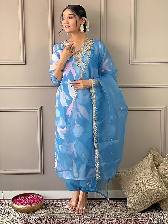 71Xss73L2yL._SY741_ (1) Women's Sky Organza with Cotton Lining Embroidered and Printed Straight Kurta with Rayon Pant and Organza Laced Dupatta Sets - Image 2
