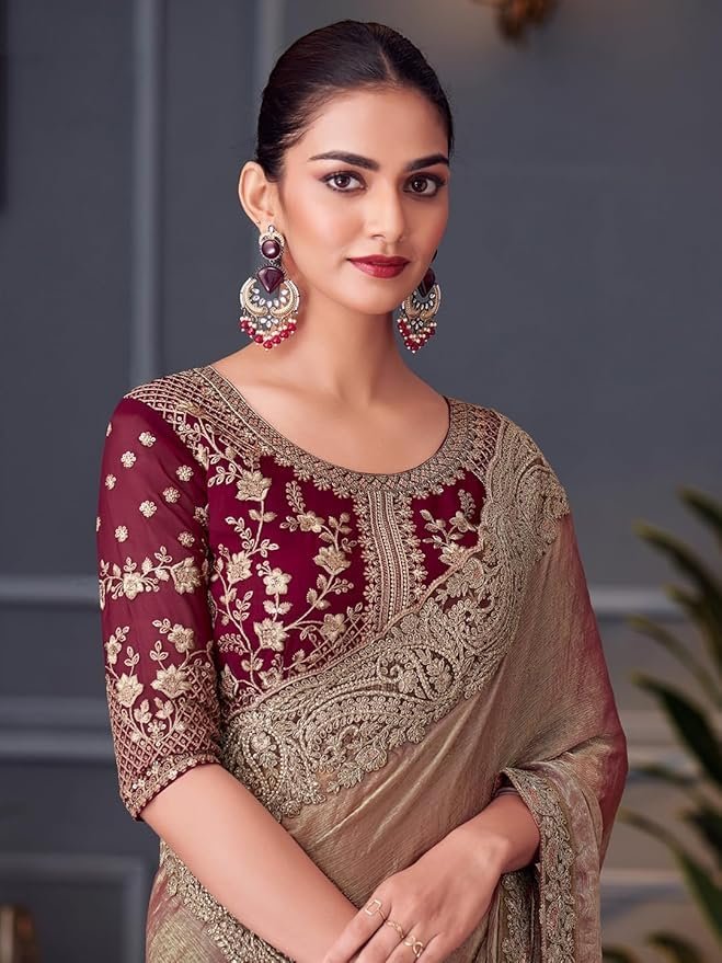 71ZQ0usSBoL._SY879_ Women's Multicolor Satin Embroidered Saree With Unstitched Blouse - Image 2