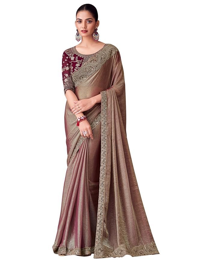 71fUcgH-x-L._SY879_ Women's Multicolor Satin Embroidered Saree With Unstitched Blouse - Image 1
