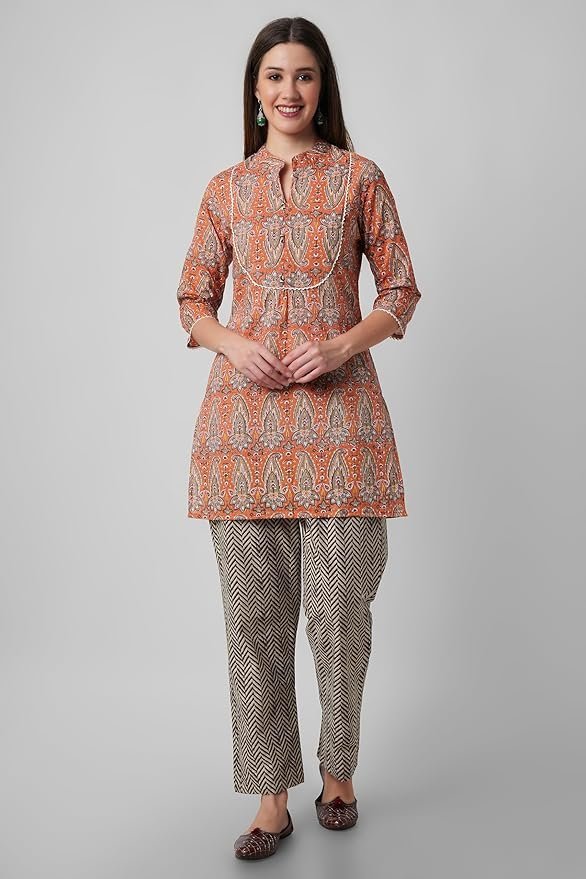 81BX0+mU5RL._SY879_ Women's Cotton Short Kurta with Pants - (Orange) - Image 2