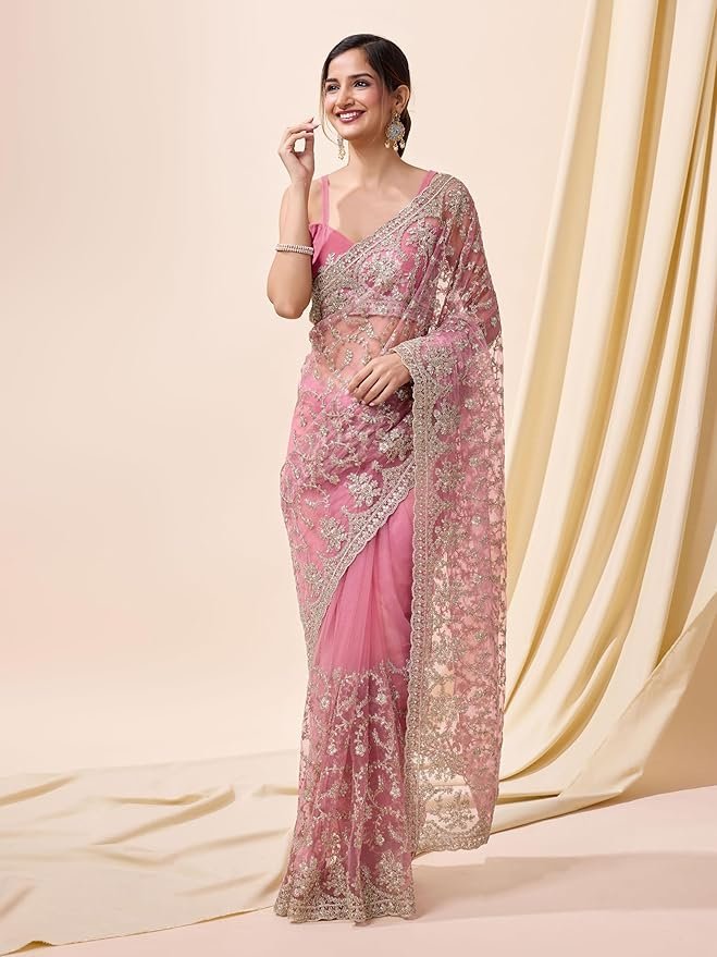 81BksnjoVlL._SY879_ Women's Net Embroidery Saree with Blouse Piece - Image 2