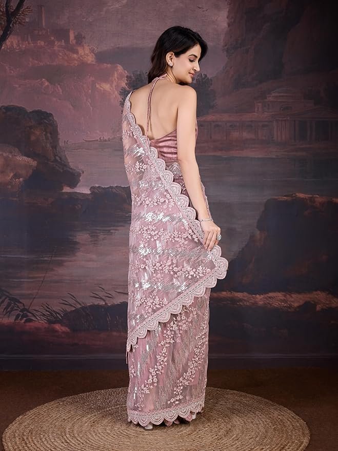 81MGtCBosaL._SY879_ Women's Net Embroidery Sequin work Saree with Blouse Piece - Image 2