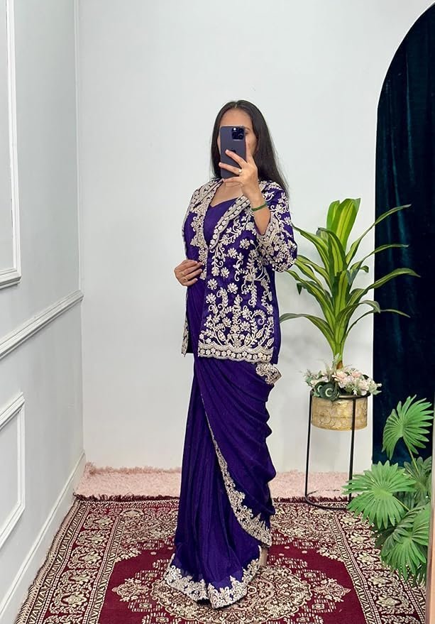 81Sty9Ice2L._SY879_ Ready To Wear Saree & Koti Set For Women Bollywood Style Chinon Silk Fabric On Embrodery Sequance Cording Work - Image 2