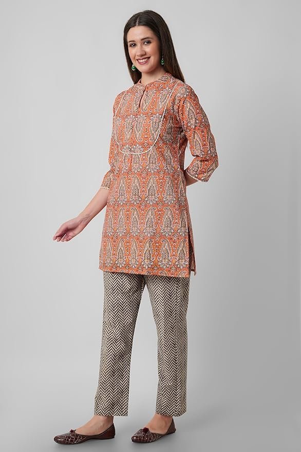 81iZ31AnP0L._SY879_ Women's Cotton Short Kurta with Pants - (Orange) - Image 4