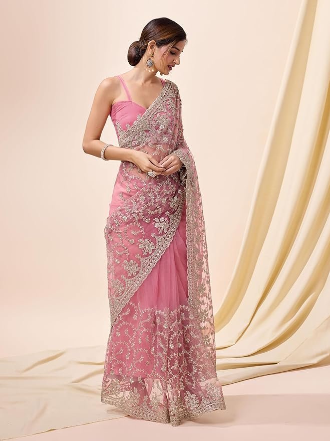 81pki0DrjfL._SY879_ Women's Net Embroidery Saree with Blouse Piece - Image 3