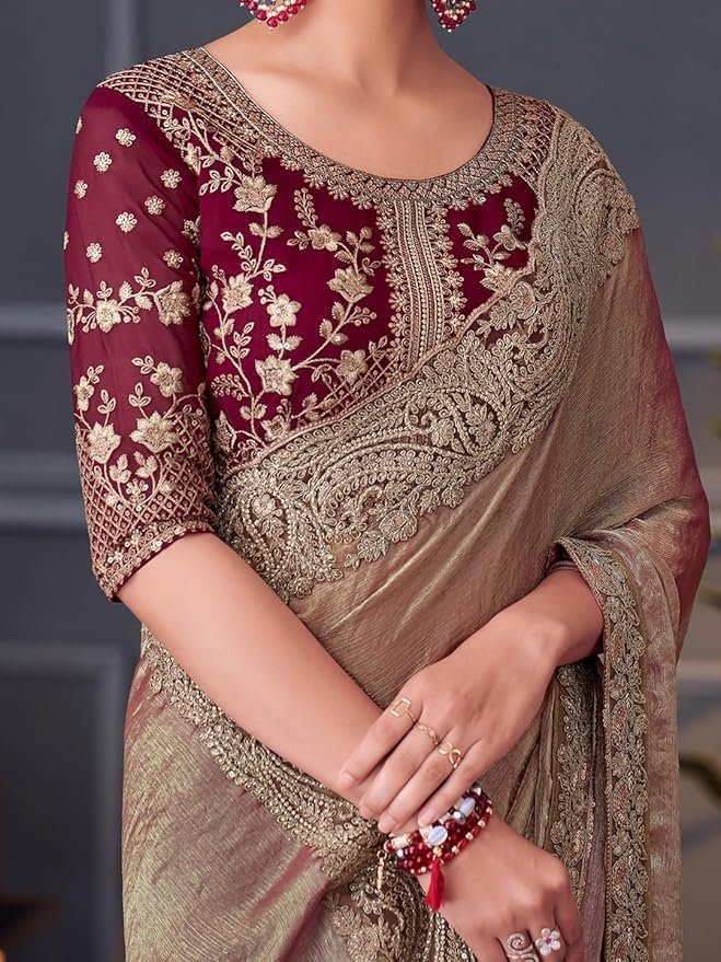 81wbpHCWvYL._SY879_ Women's Multicolor Satin Embroidered Saree With Unstitched Blouse - Image 3