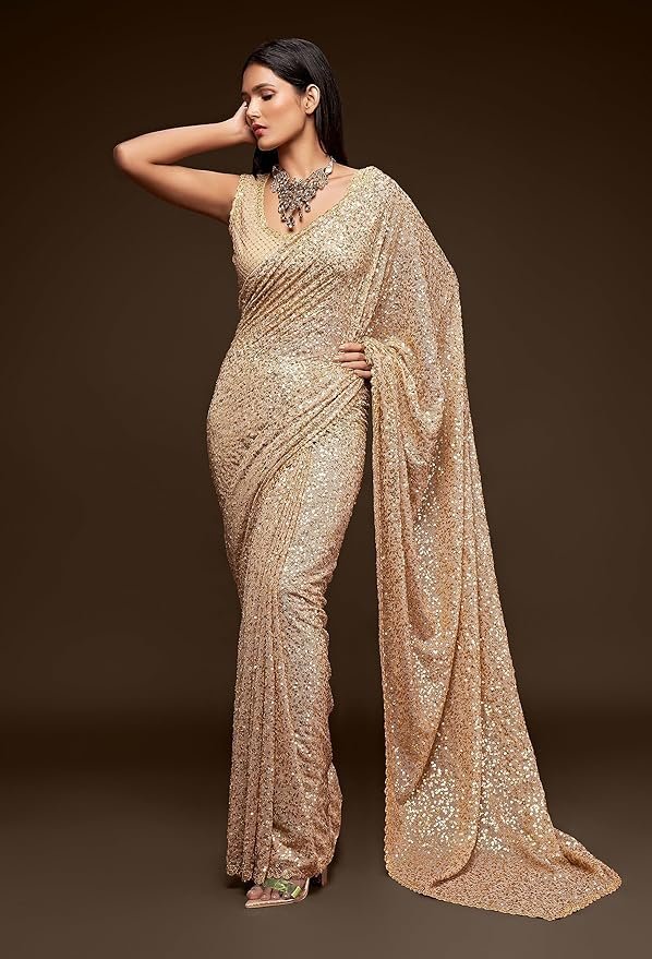 91DGbkwrUBL._SY879_ Women's Georgette Heavy Sequins Work Heavy Saree with Blouse (Latest-Sequins-Party-Saree) - Image 4