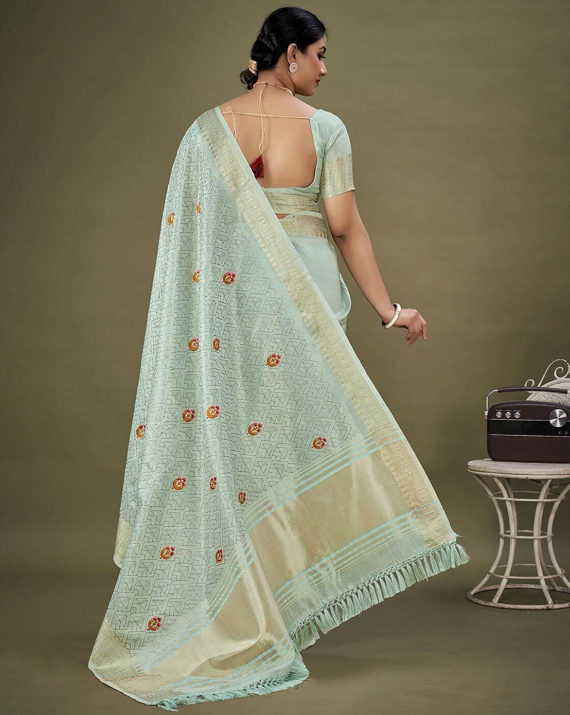 -1117Wx1400H-466539080-blue-MODEL3 Embellished Design Tassels and Latkans Organza Saree - Image 3