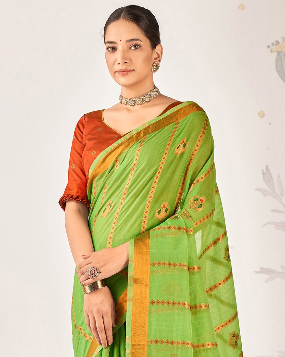 -1117Wx1400H-467261008-green-MODEL4 Women Floral Woven Cotton Saree - Image 2
