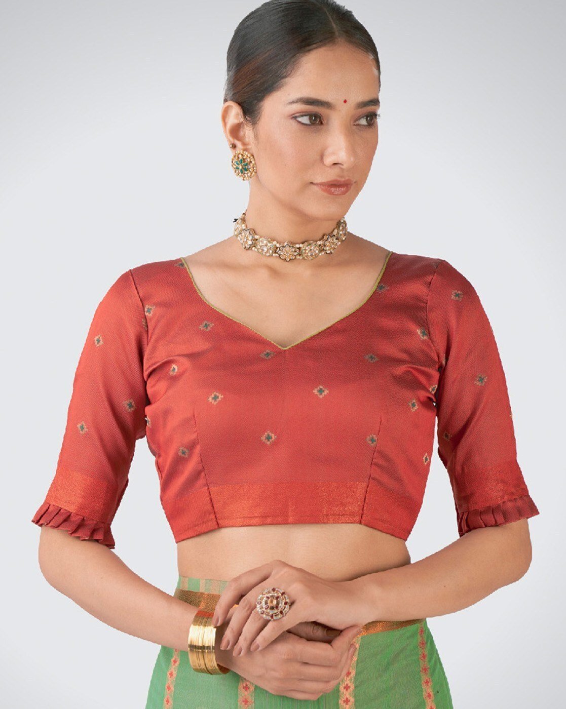 -1117Wx1400H-467261008-green-MODEL6 Women Floral Woven Cotton Saree - Image 4