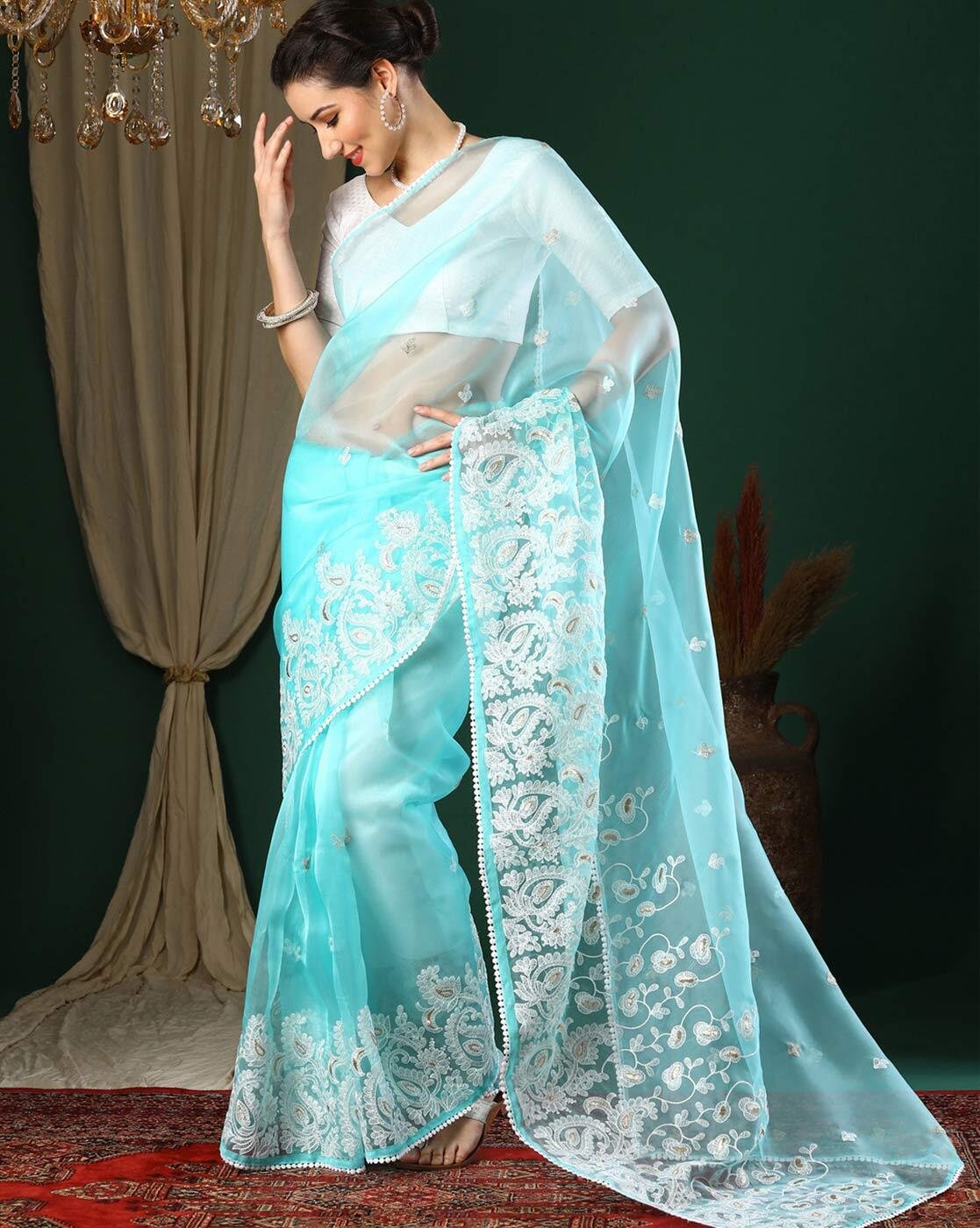 -1117Wx1400H-467334583-blue-MODEL3 Women Organza Saree with Paisley Embroidered Border - Image 3