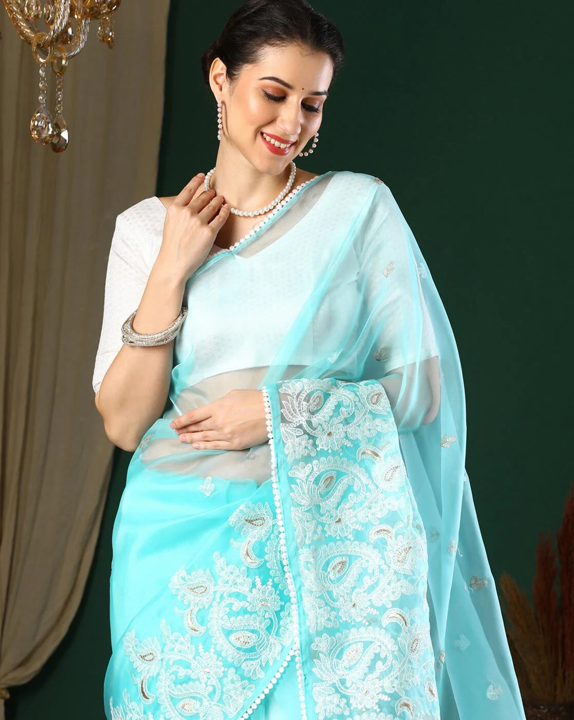 -1117Wx1400H-467334583-blue-MODEL4 Women Organza Saree with Paisley Embroidered Border - Image 4