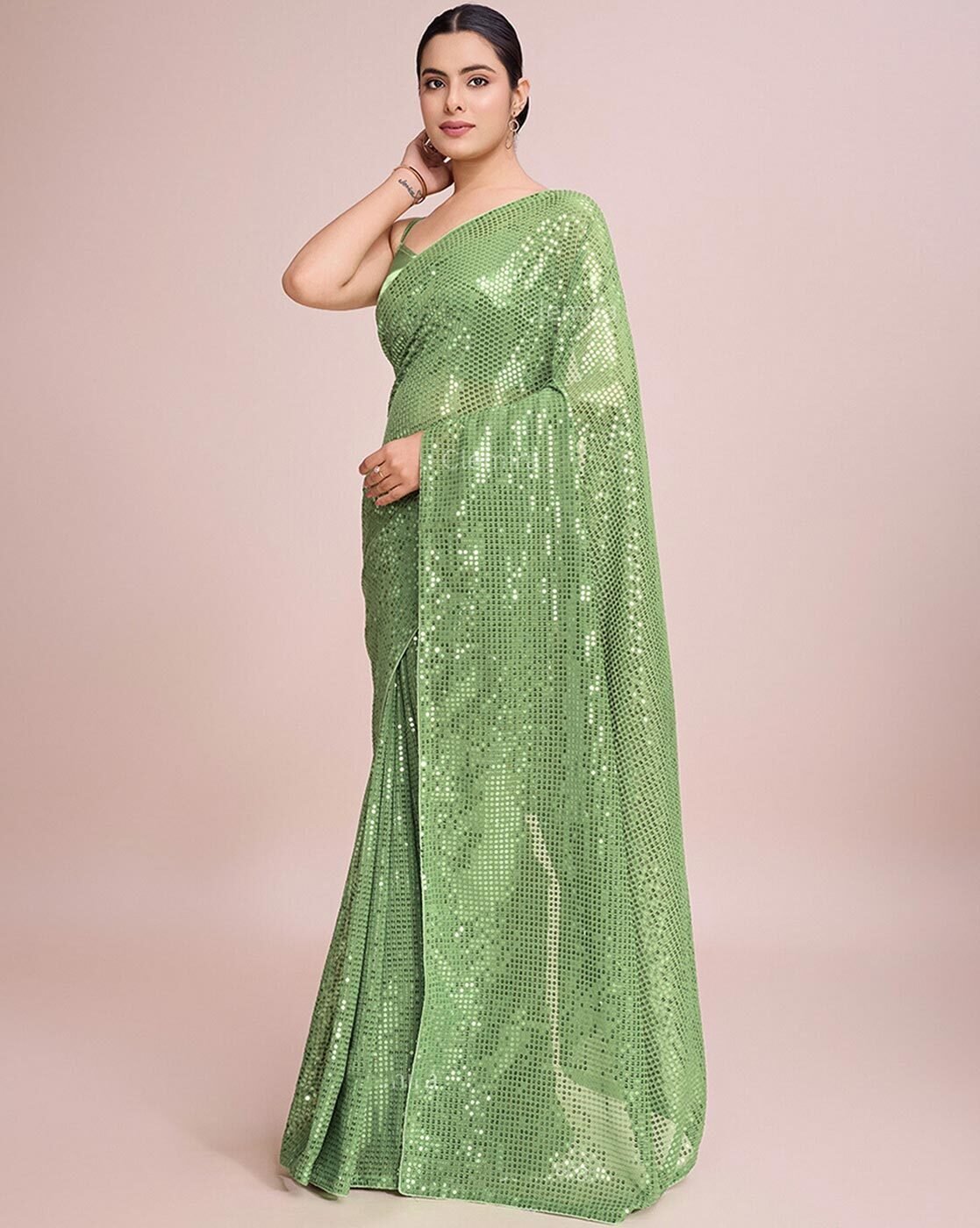 -1117Wx1400H-701149833-seagreen-MODEL2 Women Embellished Saree with Sequins Detail - Image 2