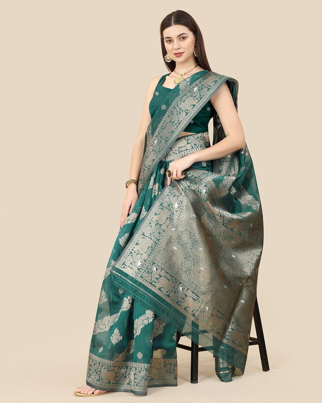 -1117Wx1400H-466101800-green-MODEL3 Floral Print Organza Saree - Image 3