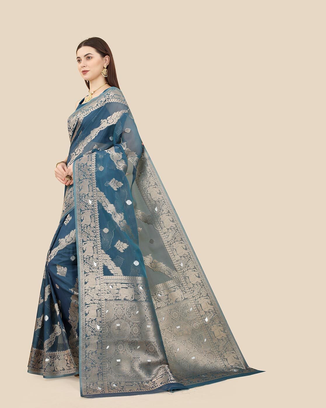 -1117Wx1400H-466101800-teal-MODEL2 Floral Print Organza Saree - Image 2