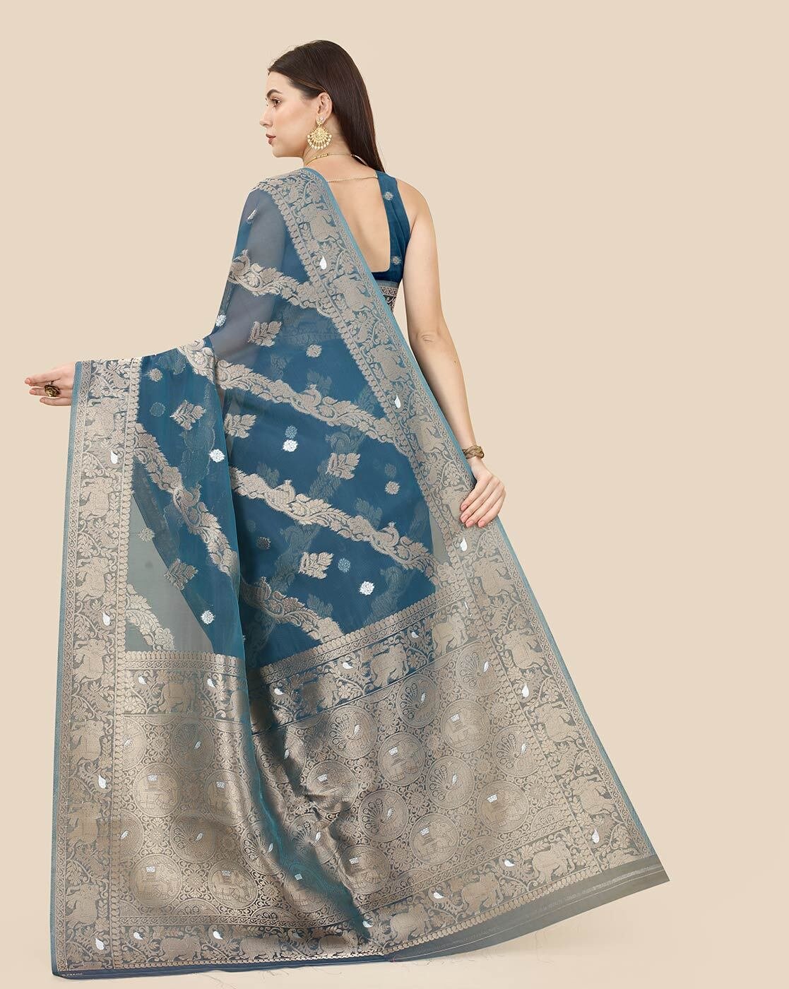 -1117Wx1400H-466101800-teal-MODEL3 Floral Print Organza Saree - Image 3
