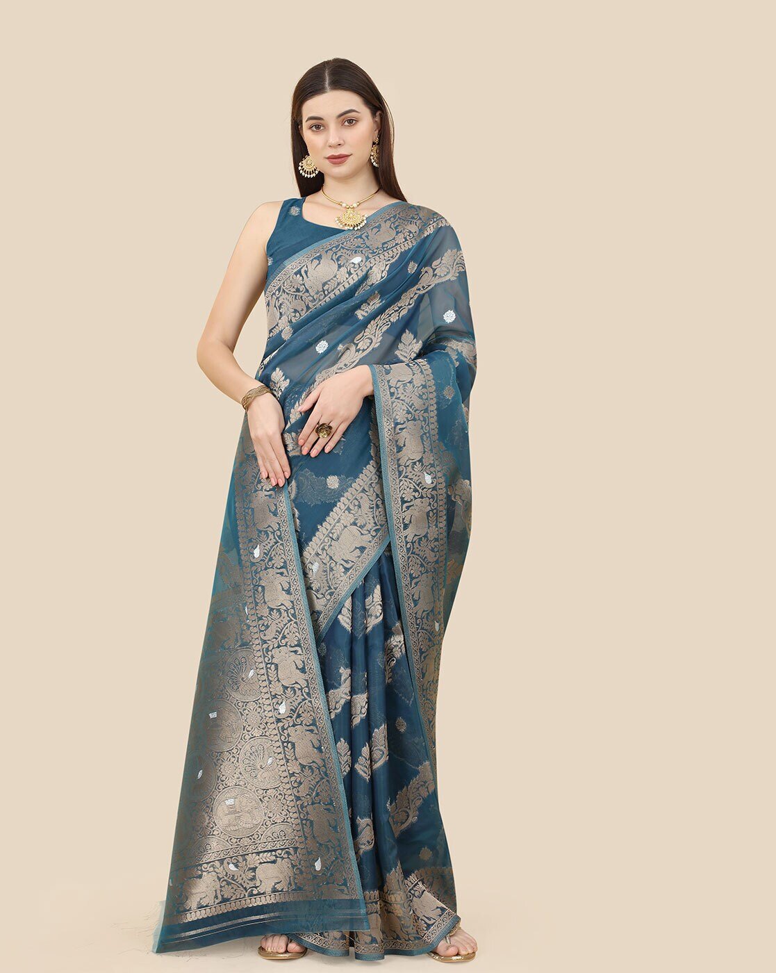 -1117Wx1400H-466101800-teal-MODEL4 Floral Print Organza Saree - Image 4