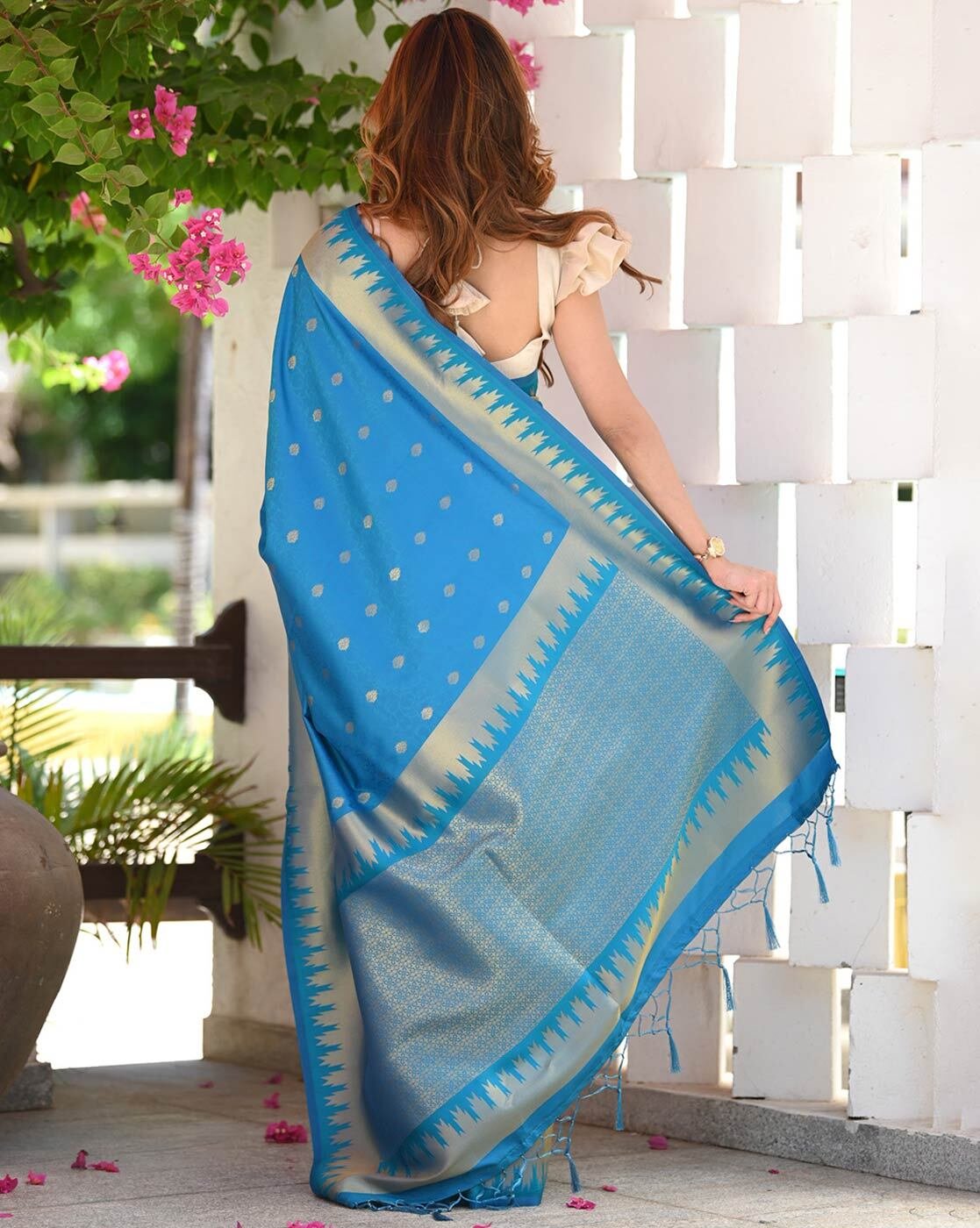 -1117Wx1400H-466569530-blue-MODEL3 Woven Saree with Contrast Zari Border & Tassels - Image 3