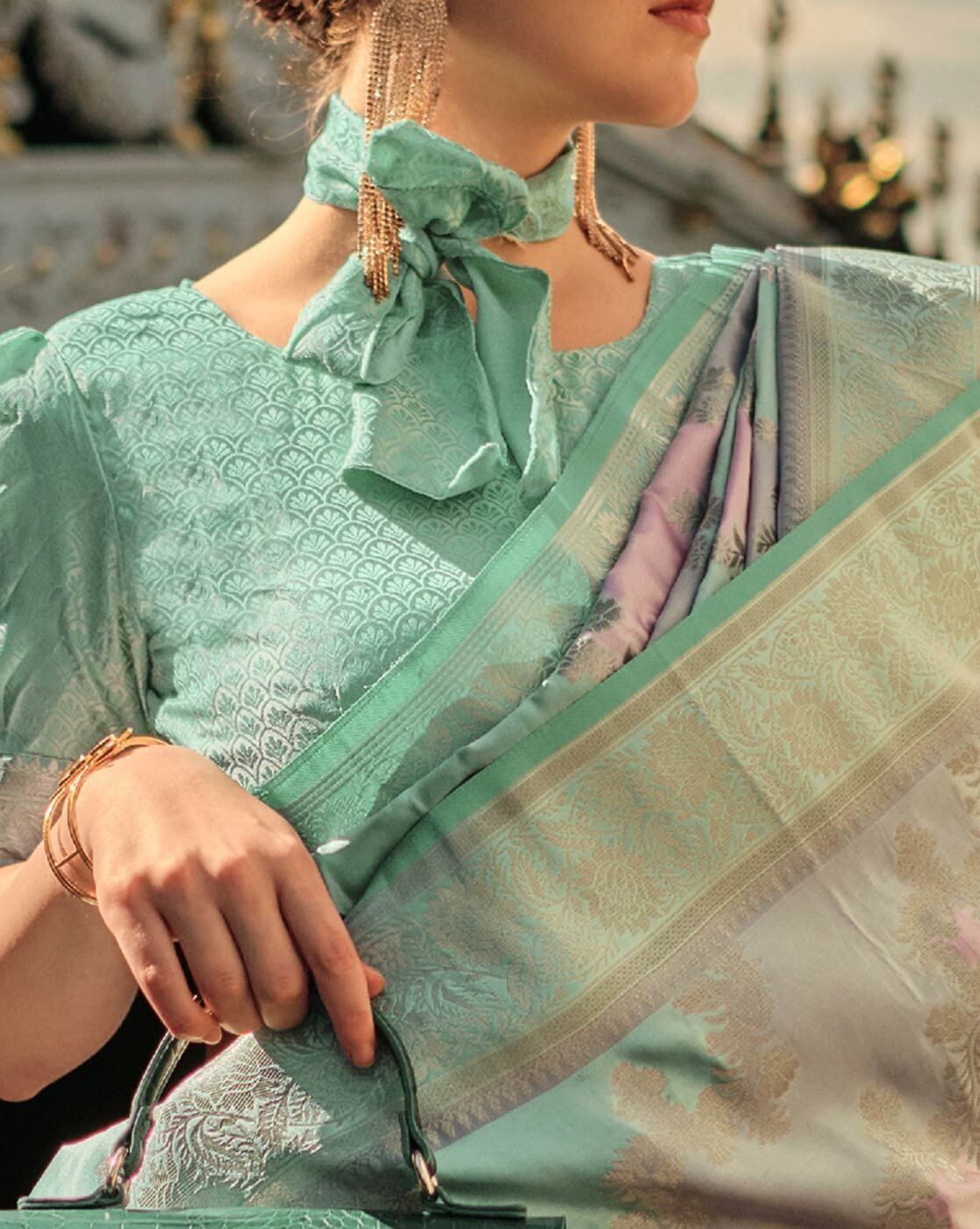 -1117Wx1400H-466630546-seagreen-MODEL4 Floral Woven Satin Silk Saree with Tassels - Image 2