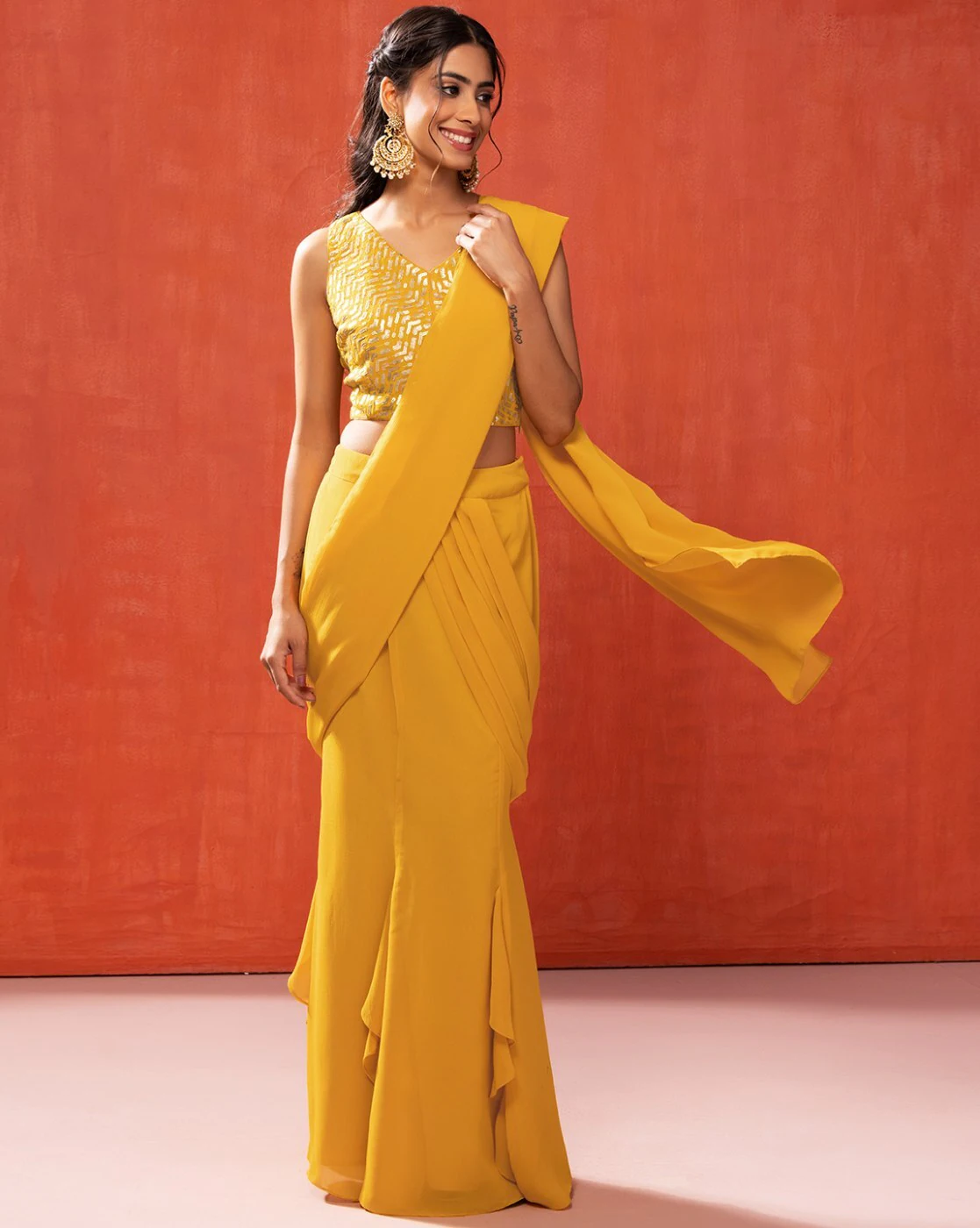 -1117Wx1400H-466883807-yellow-MODEL Set of 2 Women Ready to Wear Saree with Sequin Thread Embroidered Blouse - Image 1
