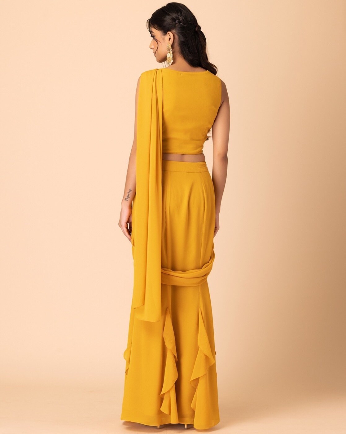 -1117Wx1400H-466883807-yellow-MODEL5 Set of 2 Women Ready to Wear Saree with Sequin Thread Embroidered Blouse - Image 3