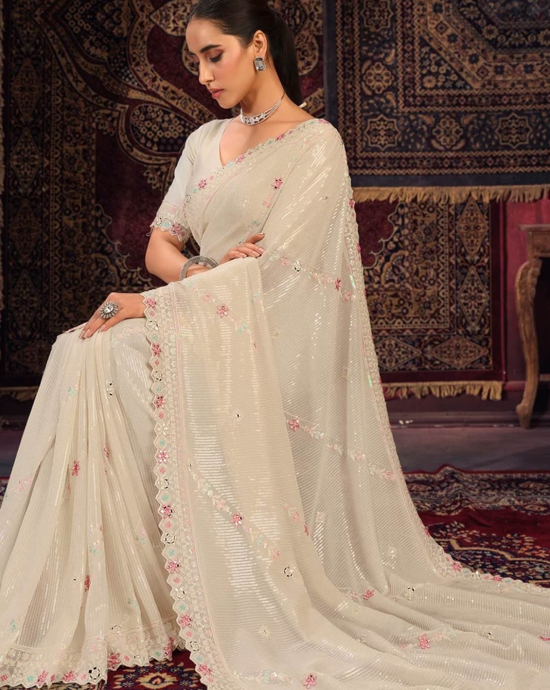 -1117Wx1400H-466952103-offwhite-MODEL4 Women Embellished Georgette Saree with Sequin Accent - Image 2