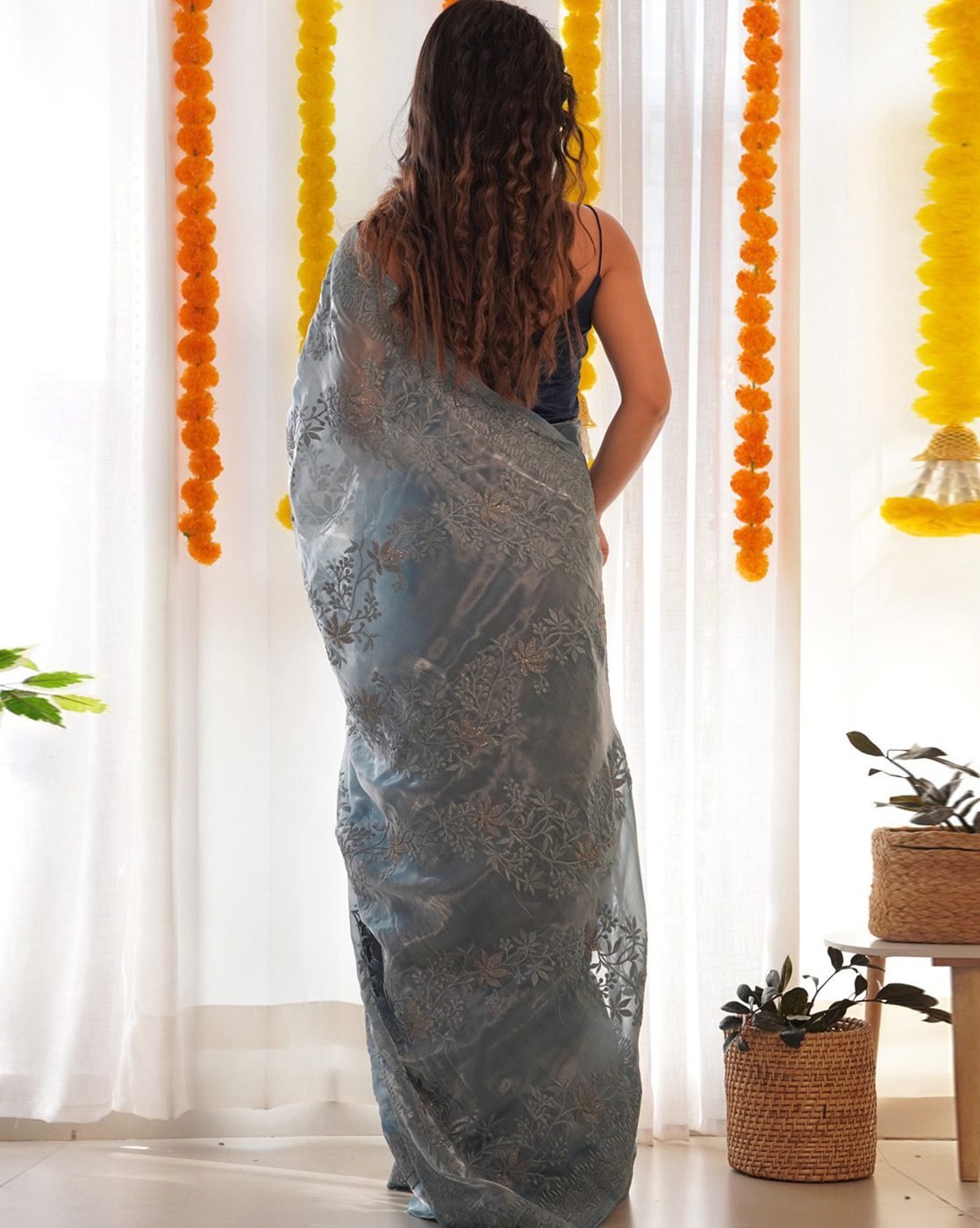 -1117Wx1400H-467089925-grey-MODEL2 Women Embroidered Semi-Sheer Organza Saree - Image 2
