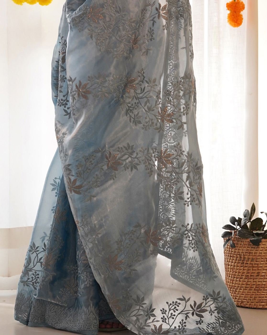 -1117Wx1400H-467089925-grey-MODEL5 Women Embroidered Semi-Sheer Organza Saree - Image 5
