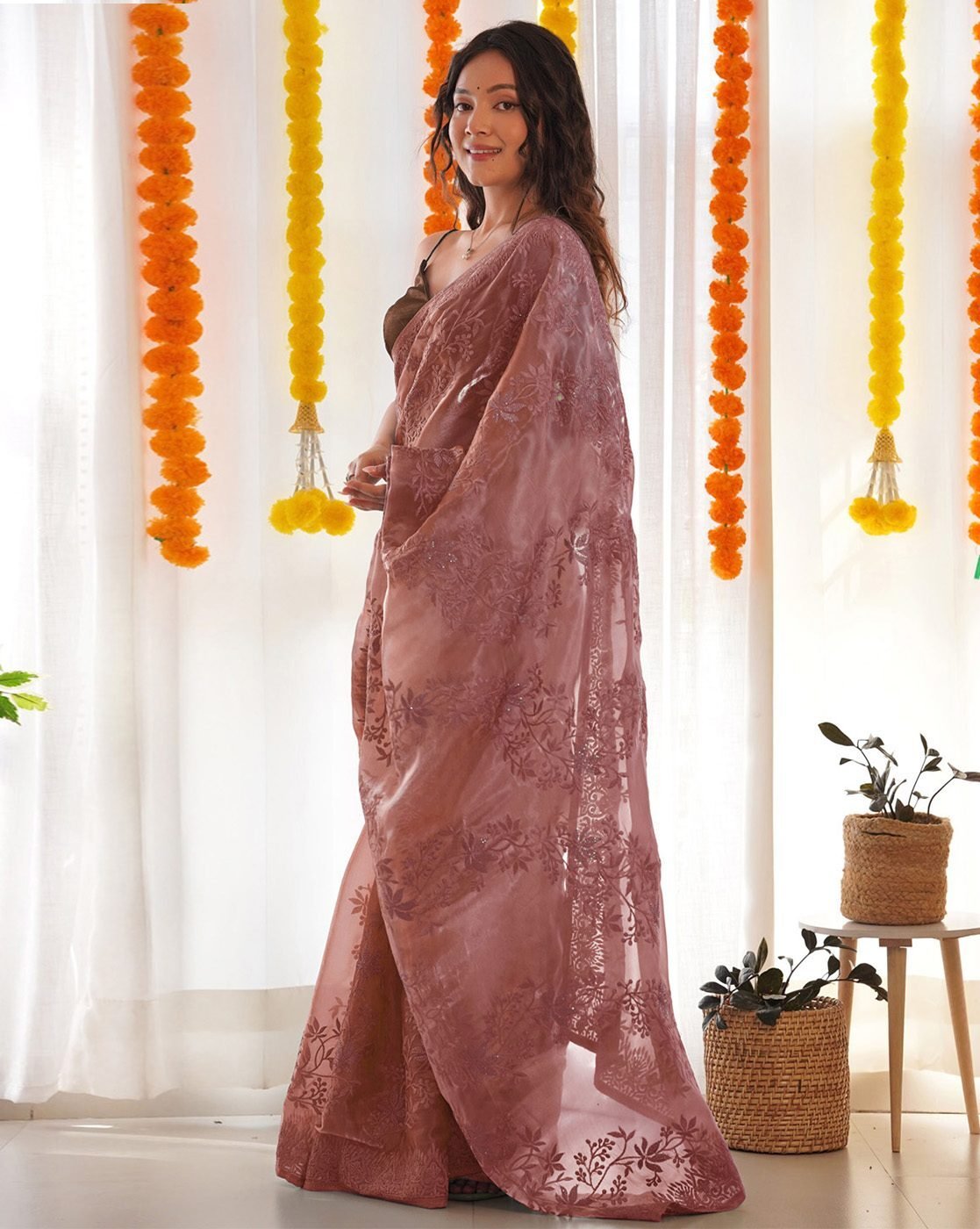 -1117Wx1400H-467089925-rust-MODEL2 Women Embroidered Saree with Contrast Border - Image 3