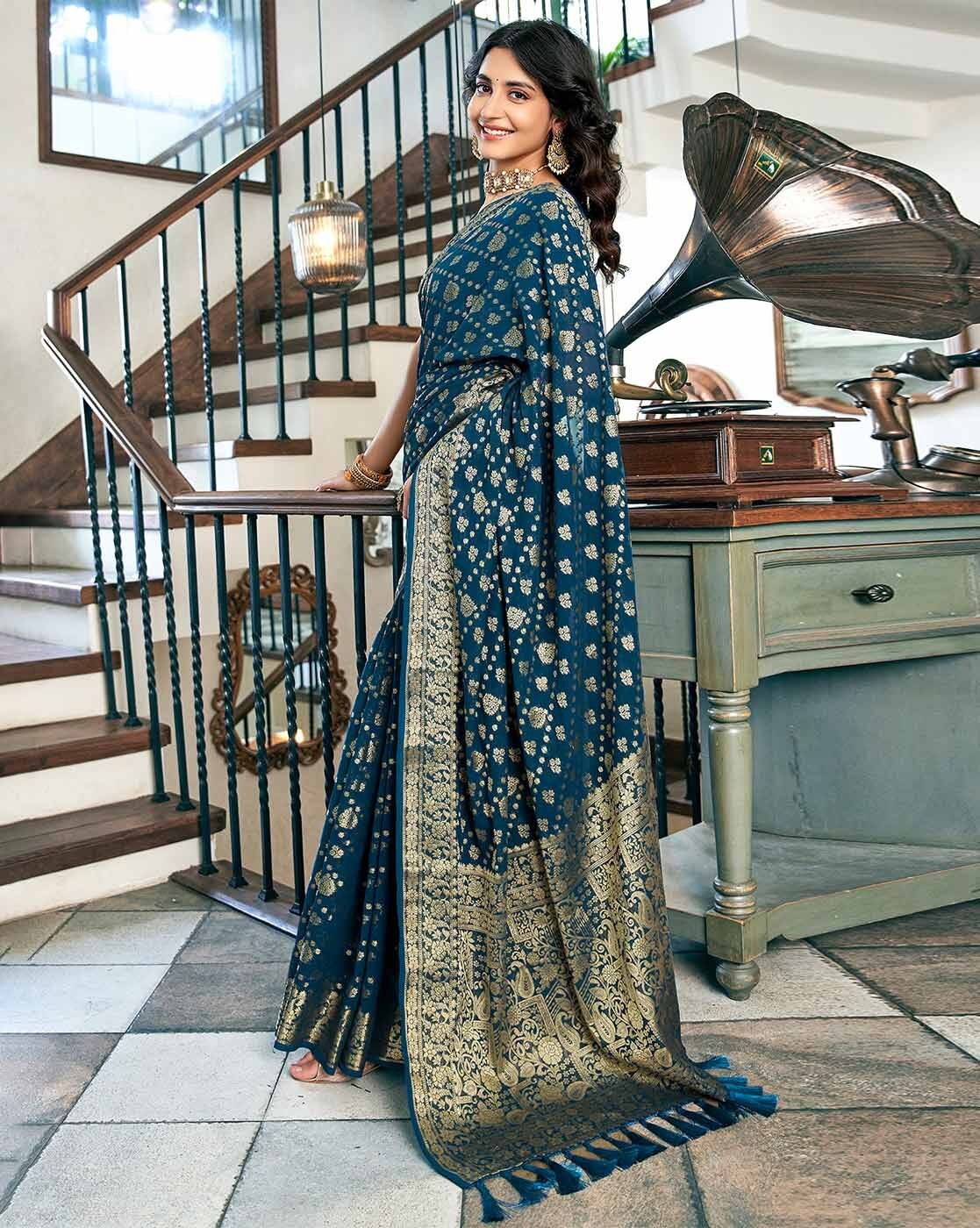 -1117Wx1400H-467162024-blue-MODEL2 Women Floral Woven Georgette Saree - Image 2