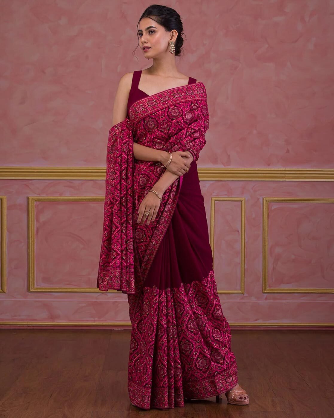 -1117Wx1400H-467168992-pink-MODEL6 Women Embroidered Saree with Blouse Piece - Image 5