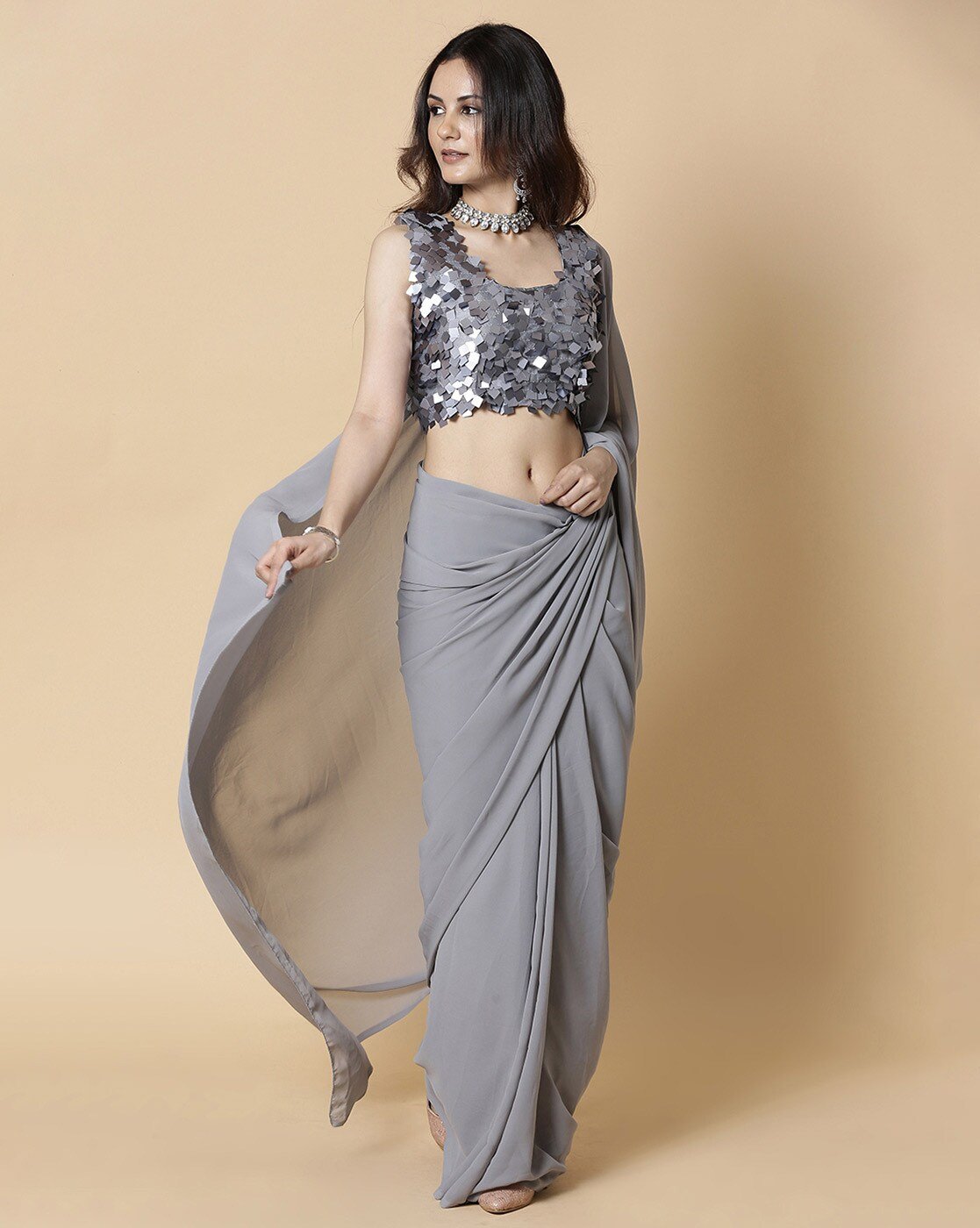 -1117Wx1400H-467234018-grey-MODEL2 Women Georgette Saree with Embellished Blouse - Image 4