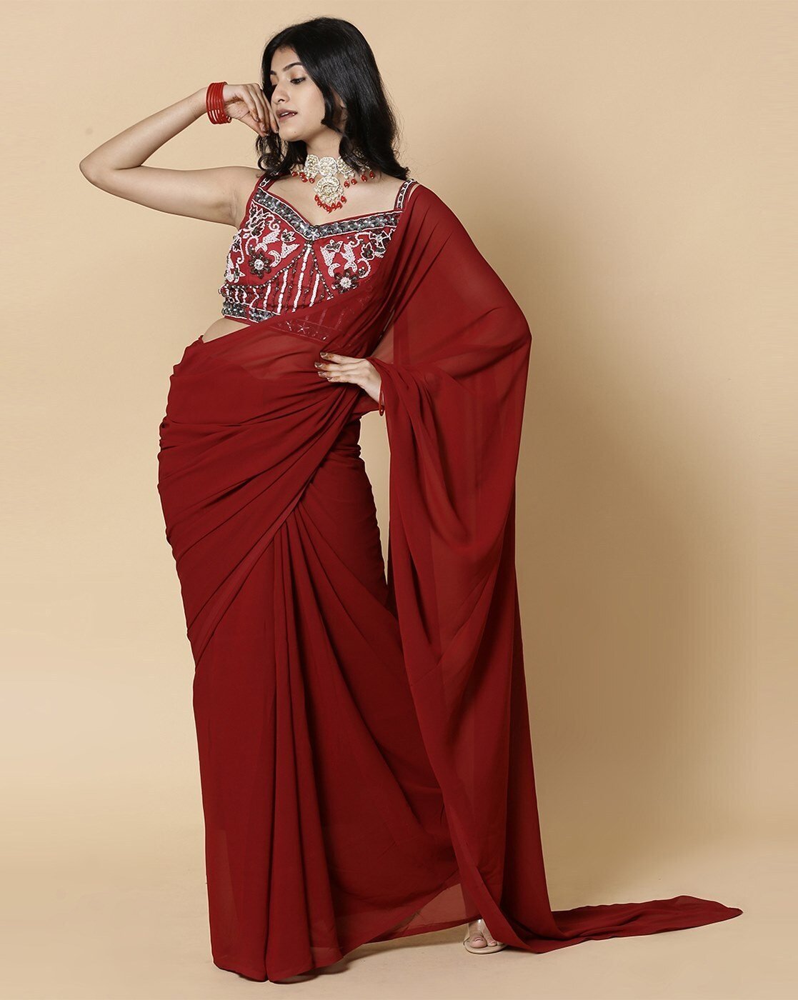 -1117Wx1400H-467234113-maroon-MODEL2 (1) Women Georgette Saree with Embellished Blouse - Image 2