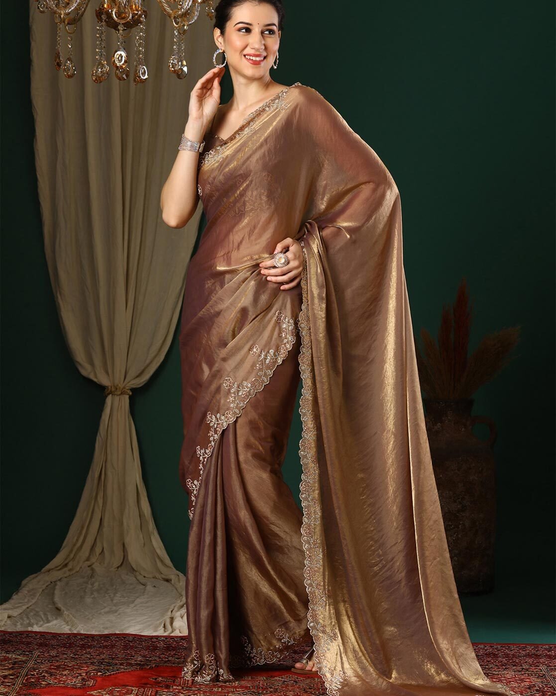 -1117Wx1400H-467334697-brown-MODEL3 Women Organza Saree with Embroidered Border - Image 3
