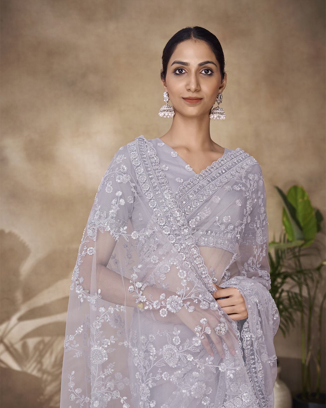 -1117Wx1400H-700016851-grey-MODEL2 Women Embroidered Net Saree - Image 4
