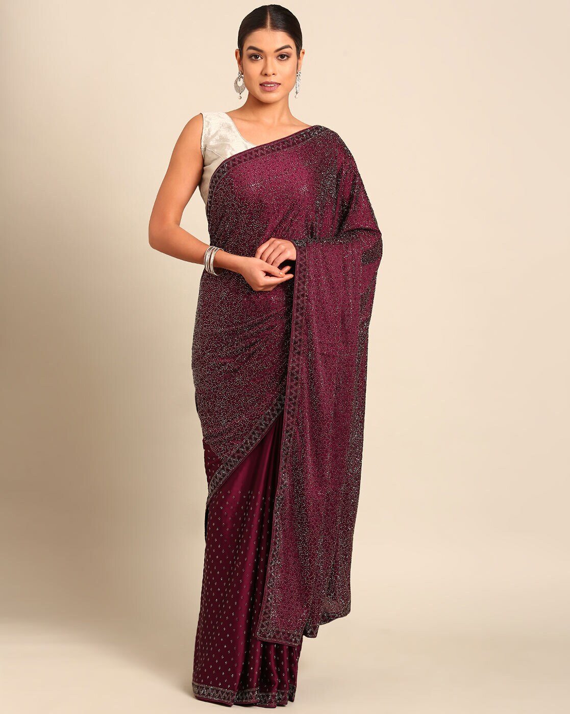 -1117Wx1400H-700069534-wine-MODEL Women Embroidery & Embellished Saree with Blouse Piece - Image 1