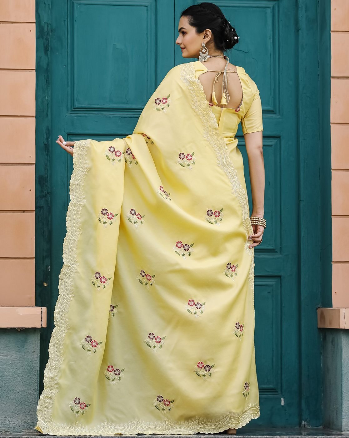 -1117Wx1400H-700154826-yellow-MODEL2 Women Embroidered Saree with Contrast Border - Image 2